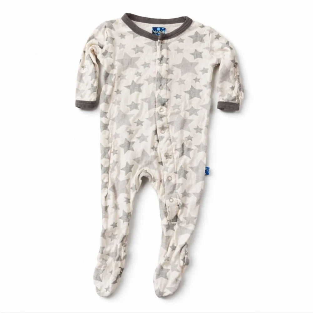 Kickee Pants Bamboo Snap-Front Footed Sleeper Gray Star Print Infant Baby 0-3M